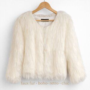 White Faux Fur Cropped Fluffy Jacket Boho Chic Soft Glam Retro Luxe Size S NWOT